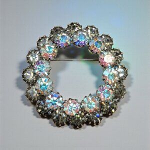 Vintage Aurora Borealis Rhinestone Circle Brooch Pin Clear Smokey